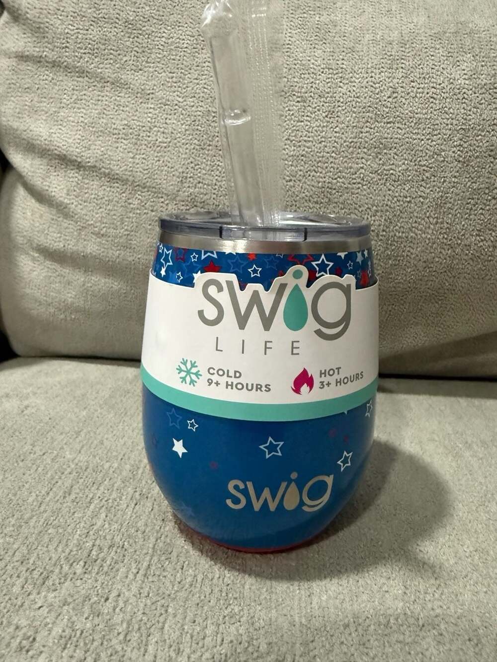 NWT  Swig Life Star Burst Stemless Cup 14oz Blue Red White